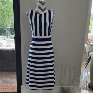Ann Taylor Navy and White Striped Sleeveless Midi Dress